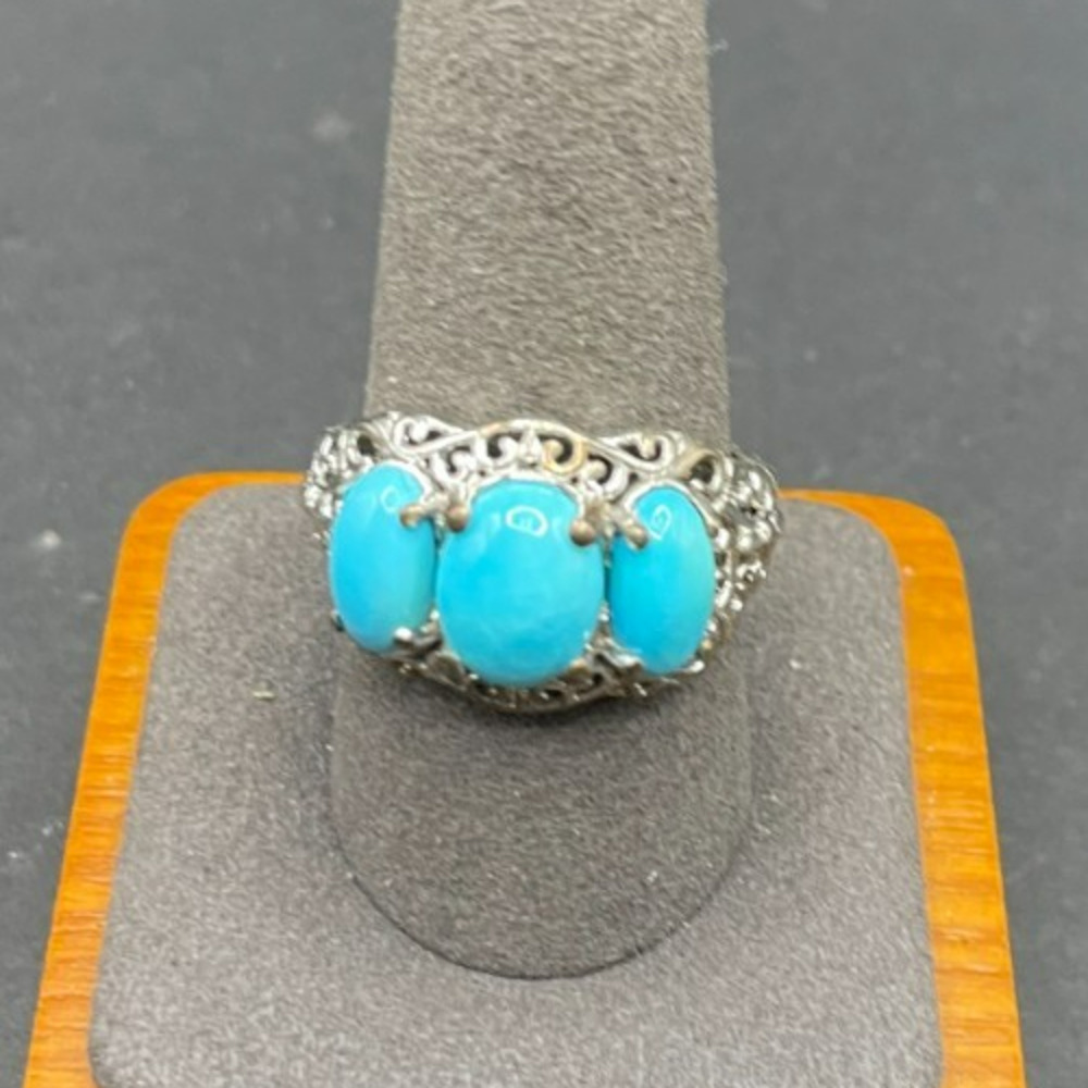 Vintage 925 Sterling Silver 3 Stone Sleeping Beauty Blue Turquoise Ring Sz 10.25